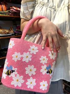 Personalized Custom Glass Beaded Tote Bag Custom Color Shape Wedding Bridesmaid Gift Blue Floral Design <b>MS</b> Handicraft Certified - Product Image 2