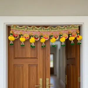Beautiful Indian Bandhanwar with Intricate Embroidery Colorful Ornaments Yellow Flowers and Green Beaded Tassels - Product Image 6