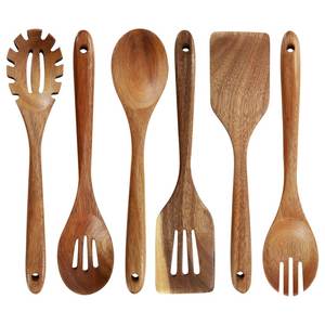 Juego de utensilios de cocina de madera de 6 piezas con cuchara ranurada, espátula, cucharón y tenedores, material de madera natural, solo lavar a mano. - Product Image 1