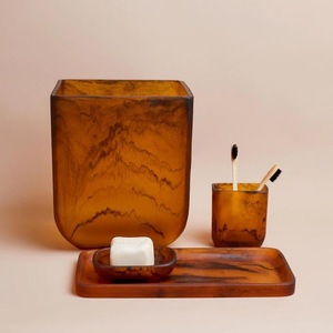 Juego de Baño de Resina Marrón de Lujo, Dispensador de Jabón Recargable, Organizador de Encimera para Hogar, Hotel y Baño Moderno - Product Image 6