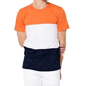 Men's Color Blocked O-Neck Short Sleeve <b>T</b>-<b>Shirt</b> Regular Fit Casual Knitted Solid Design White <b>Orange</b> Navy Blue - Product Image 1