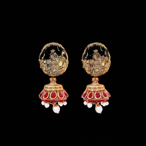 Temple Style Heavy Work Lakshmi <b>Bridal</b> <b>Jewelry</b> <b>Set</b> with Gold Plated Pearl Earrings - Product Image 2