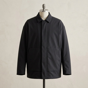 Camisa Chaqueta de Lona Negra para Hombre, Cuello Camisero, Resistente al Viento, Corte Regular, Estilo Minimalista Otoñal, Bolsillos con Cierre de Botón - Product Image 3