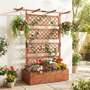 "4.8 Cu.Ft Fir Wood <b>Planter</b> Box with Lattice Trellis & Drainage Holes for Climbing Plants & <b>Vegetables</b> (72")" - Product Image 2