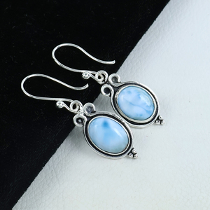 Pendientes Colgantes de Larimar del Caribe, Plata de Ley 925, Hechos a Mano, con Piedra Azul Ovalada, para Mujer - Product Image 4