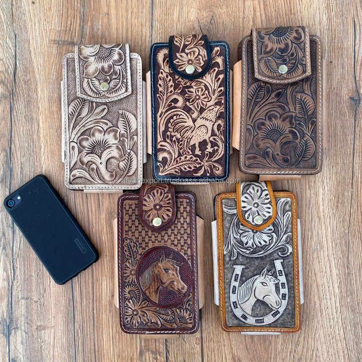 Western Cowboy Hand Tooled Leather Mobile Phone Case Luxury Cellphone Holder Case Portable Genuine Leather Phone Holster for Men