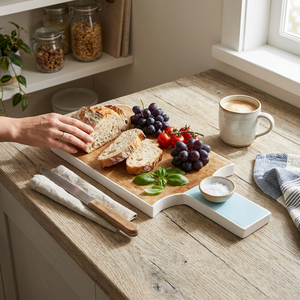 Planche à découper en bois faite à la main, en forme de bâtonnet de glace, avec poignée bleu clair, vente en gros, personnalisable, en bois naturel écologique - Product Image 4
