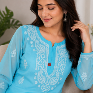 Premium Sky <b>Blue</b> Hand Embroidered Georgette Lucknowi Chikankari Straight Kurti - Elegant Ethnic <b>Tunic</b> Top - Product Image 4