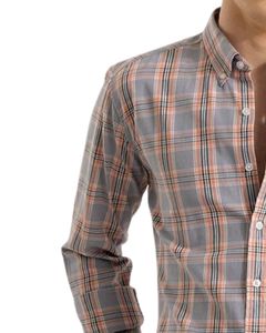 Camisa de algodón a cuadros gris claro y melocotón para hombre, manga larga, con botones, informal, de fábrica OEM, corte personalizado, de primera calidad. - Product Image 3