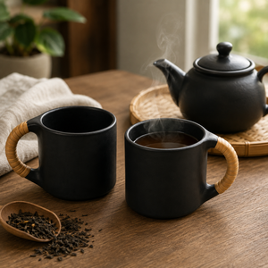 Handmade <b>Black</b> Pottery Tea Cup with Bamboo <b>Wrapped</b> Handle Rustic Ceramic Coffee Mug for Home Cafe Restaurant - Product Image 4
