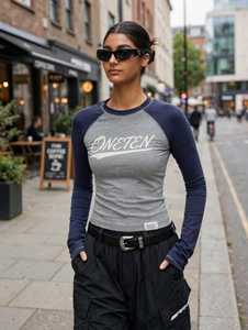 Haut décontracté pour femme Oneten, imprimé color block, manches raglan trois quarts, coupe ample, col rond, séchage rapide, 100 % polyester - Product Image 5