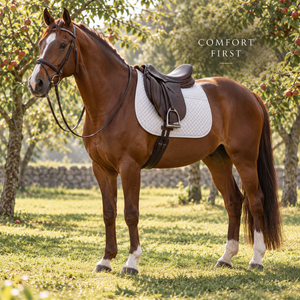 Tapis de selle matelassé blanc pour cheval avec profil ergonomique et sangles de fixation |   Vêtement d'équitation anglais rembourré et contourné à panneaux superposés - Product Image 2