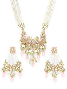 Indian Alloy Gold Plated Kundan Necklace Rani Haar Earring Set Artificial Pearls Crystal Flower Design Women's Trendy Wedding - Product Image 5