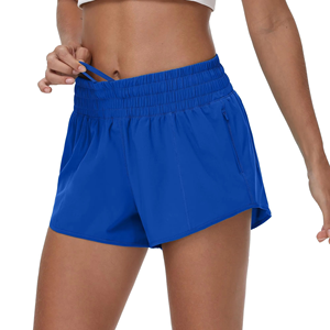 Shorts de sport bleus taille haute pour femme avec poches, séchage rapide, en tissu Spandex/Polyester, coupe classique, taille élastique, couleur unie, légers - Product Image 1