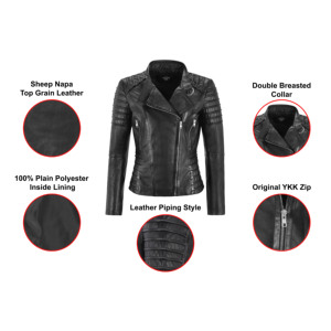 Chaqueta de Motociclista de Cuero Genuino Napa para Mujer, Marca Smart Range, Personalizada, con Cierres YKK, Acolchada, OEM, ODM, Etiqueta Privada - Product Image 4