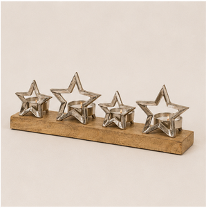 Elegant Handmade Aluminum Star <b>Candle</b> Holder On Rustic Mango Wood Base Modern 4-<b>Flame</b> Advent Tealight Stand For Christmas Decor - Product Image 2