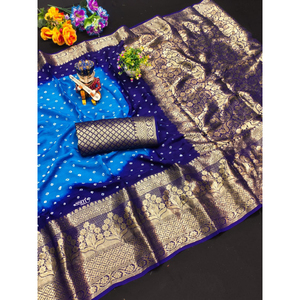Sari de Seda Kanjivaram Indio, Estilo Bandhani, Traje Tradicional Indio para Bodas y Fiestas - Product Image 1
