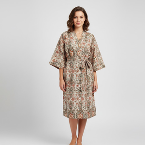 Kimono de Algodón Floral Color Verde Azulado Premium |   Bata de dormir de manga larga con cuello en V para mujer |   Túnica Boutique con Cordón Ajustable, Hecha a Mano - Product Image 2