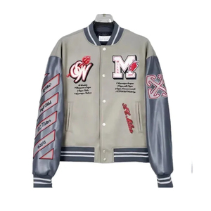 OEM Men's Warm Breathable Wool Varsity <b>Jacket</b> Stand Coated <b>Leather</b> Sleeves Custom Logo Chenille Embroidery <b>Long</b> <b>Jacket</b> - Product Image 1
