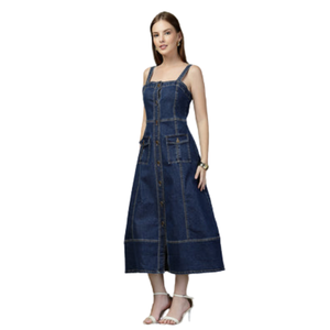 Robe en jean décontractée sans manches pour femme, boutonnée sur le devant, longueur midi, en coton, fournisseur en gros de mode - Product Image 1