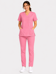 Ensemble de blouses médicales roses pour femmes, haut à col en V avec poche supérieure et deux poches inférieures, uniforme de soins infirmiers, vêtements de travail pour infirmières, haut et pantalon. - Product Image 2