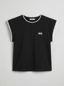Effortless Black <b>Cap</b> Sleeve Blouse Contrast Zigzag Trim Crew Neck women's shirt Customise Embroidery Logo Premium Summer Cotton - Product Image 3