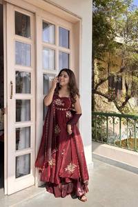 Ethnic Women’s Maroon Anarkali Kurta Set with Dupatta – Embroidered Gown Dress - Product Image 3