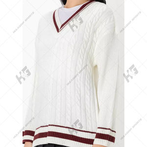 Cárdigan Blanco de Cuello Redondo para Mujer con Rayas Marrón y Logotipo Frontal Informal en el Pecho - Product Image 6