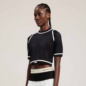 T-shirt court noir en maille pour femme, col rond, manches courtes, style sportif, respirant, coupe classique, mode printemps-été - Product Image 2