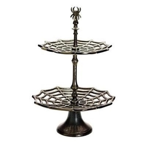Support à gâteau à 2 niveaux en métal noir, motif toile d'araignée, présentoir à desserts d'Halloween, plateau de service à étages, centre de table pour buffet de fête - Product Image 1