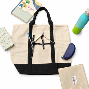 <b>Canvas</b> Tote <b>Bag</b> <b>Large</b> Capacity Beige with Black Trim Top Handle Daily Use Shopping <b>Bag</b> - Product Image 1