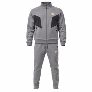 Men's Gray Polyester Tracksuit Drawstring Sporty <b>Jogger</b> <b>Set</b> Side Pockets Logo Design Winter Eco-Friendly Breathable Heavyweight - Product Image 1