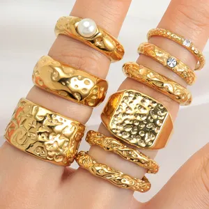 Anéis de martelo, anéis de moda chique com textura robusta, conjunto de anéis 18k de ouro, grosso e irregular, para mulheres e homens, joias à prova d' água