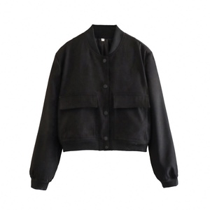TRAMA SPORTS APPAREL - Chaqueta casual de otoño para mujer, negra, con cuello alto, botones, manga larga, ligera, de poliéster, con cierre frontal - Product Image 1
