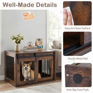 Rustic Brown 31.5\" Wooden <b>Dog</b> Crate Furniture with Sliding Barn Door Indoor Use Kennel End <b>Table</b> for Pets - Product Image 5