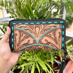 Cartera tallada a mano, funda de teléfono de embrague, hermosa Cartera de lujo de diseñador, multiusos, Cartera de pulsera de cuero de vaca occidental - Product Image 5