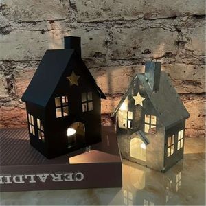 Vintage Metal House Candle Holder <b>Set</b> Rustic Iron Star <b>Lantern</b> Decorative Christmas Village Tealight Stand for Home Decor - Product Image 1