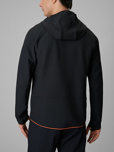 Veste coupe-vent à capuche noire pour homme, fermeture éclair, sportive, automne, extérieur, polyester, coupe régulière, couleur unie avec accents orange - Product Image 2