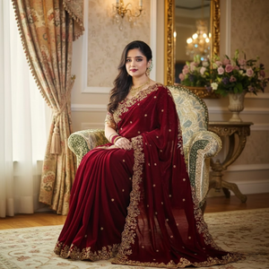 Sari en satin de soie de luxe Fandy en gros avec broderie de sequins |   Chemise Prête à Porter Cousue XXL 44 Pouces |   6 couleurs tendance - Product Image 2