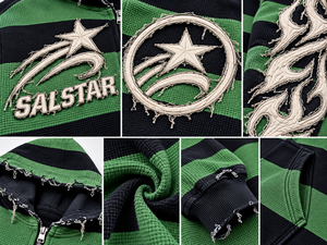 Sweat à capuche zippé Salstar pour homme, vert et noir rayé, style streetwear, motif flamme, personnalisation du logo de marque disponible - Product Image 5