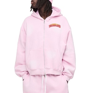 Sweat à capuche ample pour homme 100% Coton 400 g/m² Hiver, coupe carrée, délavé, rose uni, avec fermeture éclair et logo personnalisé sérigraphié - Product Image 1