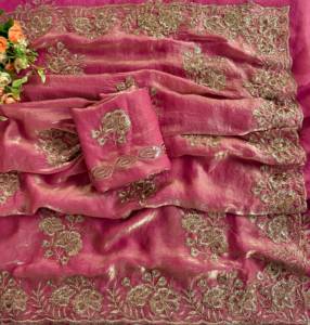 Sari en satin rose Leranath Fashion Fandy avec broderie de perles et bordure à sequins, tenue de mariage indienne traditionnelle pour femme, recyclé - Product Image 5