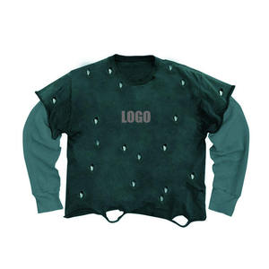 High Quality T-Shirt Heavyweight Cotton Distressed Drop Shoulder <b>Tshirt</b> Boxy 2 in 1 Long Sleeve T Shirt for Men - Product Image 2