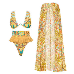 Conjunto de Bikini Estampado Floral de Alta Calidad para Mujer con Volantes y Capa, Traje de Baño de Dos Piezas, Top de Cintura Alta, Traje de Playa 2026 - Product Image 1