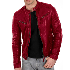 Veste de moto en cuir de mouton rouge pour homme, imperméable, col montant, fermeture éclair, coupe ajustée, style motard décontracté pour l'hiver - Product Image 2