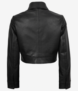 Women's Genuine Leather Trucker <b>Jacket</b> <b>Short</b> Crop Turn-Down Collar Full Sleeve Button Closure Solid Black - Product Image 2