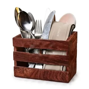 Acacia Wood Utensil Holder with Napkin Rack 3 Compartment Rectangle Minimalist <b>Kitchen</b> <b>Storage</b> <b>Box</b> for Tableware - Product Image 1