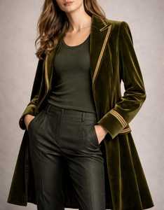 เสื้อเบลเซอร์กำมะหยี่สีเขียวมะกอกสุดหรูสำหรับผู้หญิงทรงยาว - Product Image 4