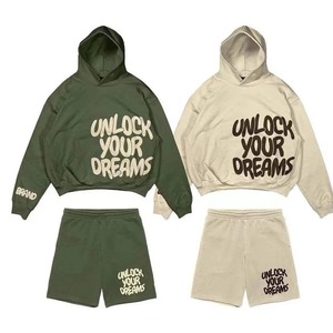 Ensemble de survêtement 2 pièces personnalisé avec logo, short à capuche oversize, streetwear pour hommes, coton lourd respirant, ensemble sweat à capuche et short OEM - Product Image 1