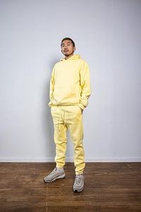 Ensemble de survêtement unisexe jaune à capuche, couleur unie, en coton, décontracté, avec poches latérales, pour l'hiver, personnalisable, haute qualité - Product Image 2